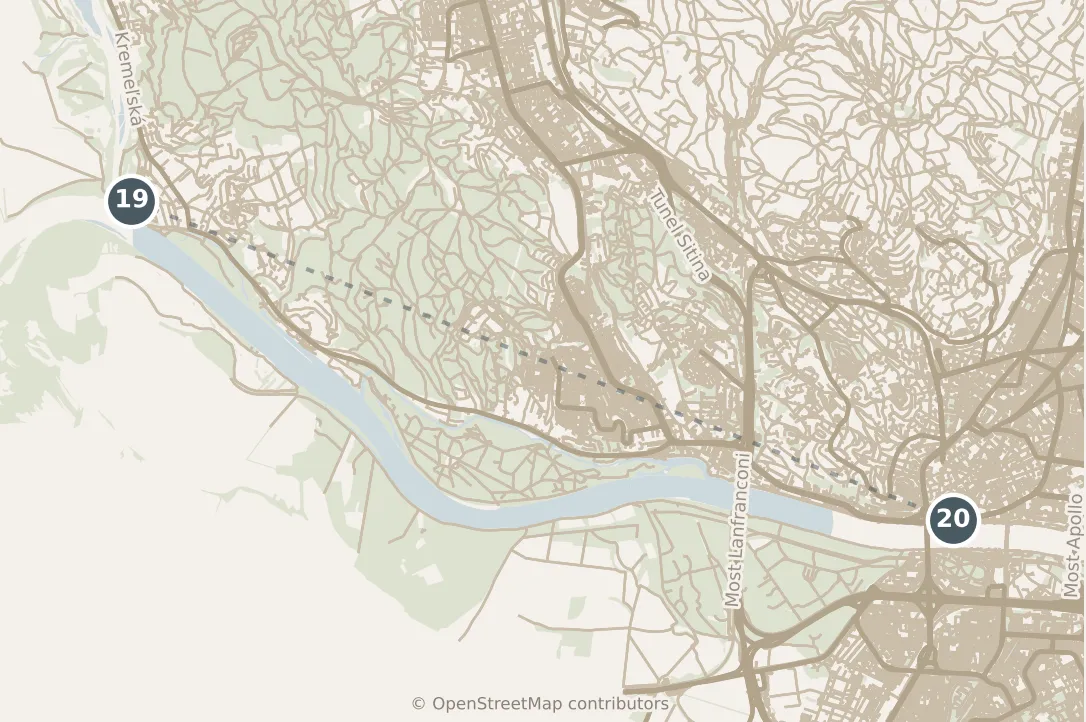 Map of Bratislava, with a third day: stops 19–20, numbered in walking order.