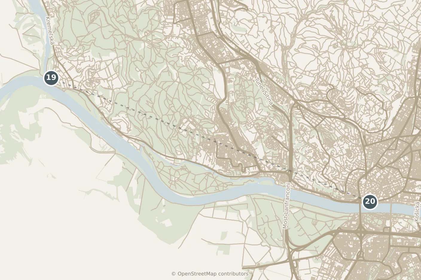 Map of Bratislava, with a third day: stops 19–20, numbered in walking order.