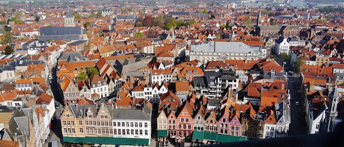 Bruges seen from high on the belfry: a dense field of orange tiled roofs and brick gables running away to a flat green horizon, a row of coloured stepped-gable houses with green cafe awnings along the bottom of the frame, church towers standing above the roofline, and the belfry's own pale stone parapet in the near corner