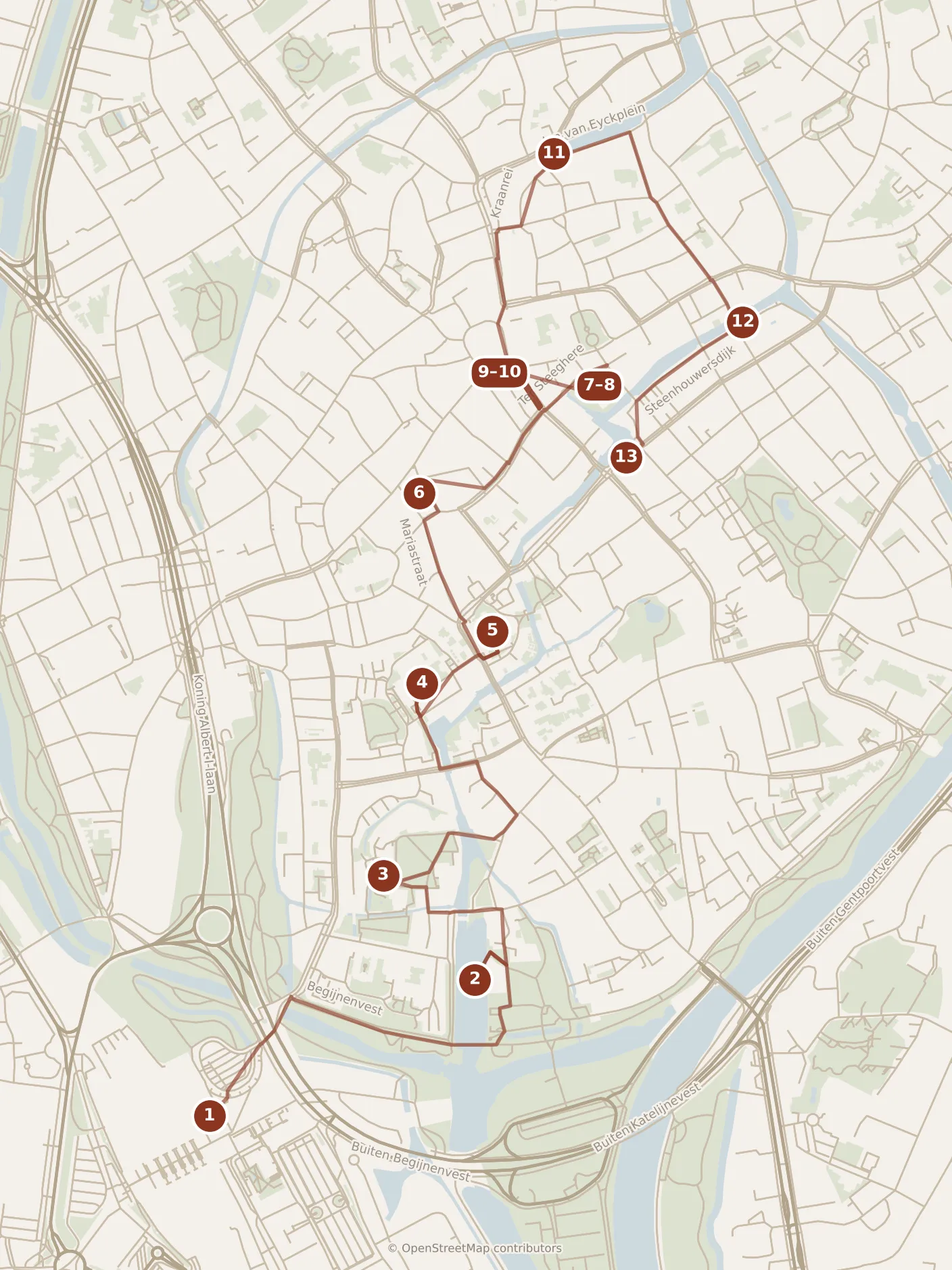 Map of Brugge, the day: stops 1–13, numbered in walking order.
