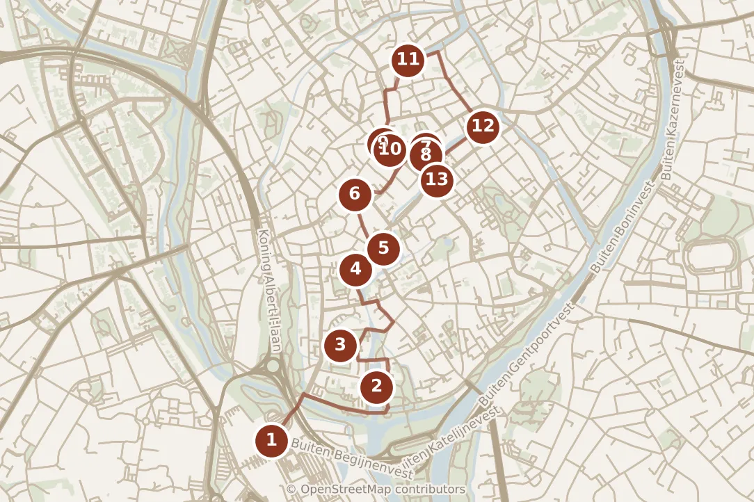 Map of Brugge, the day: stops 1–13, numbered in walking order.
