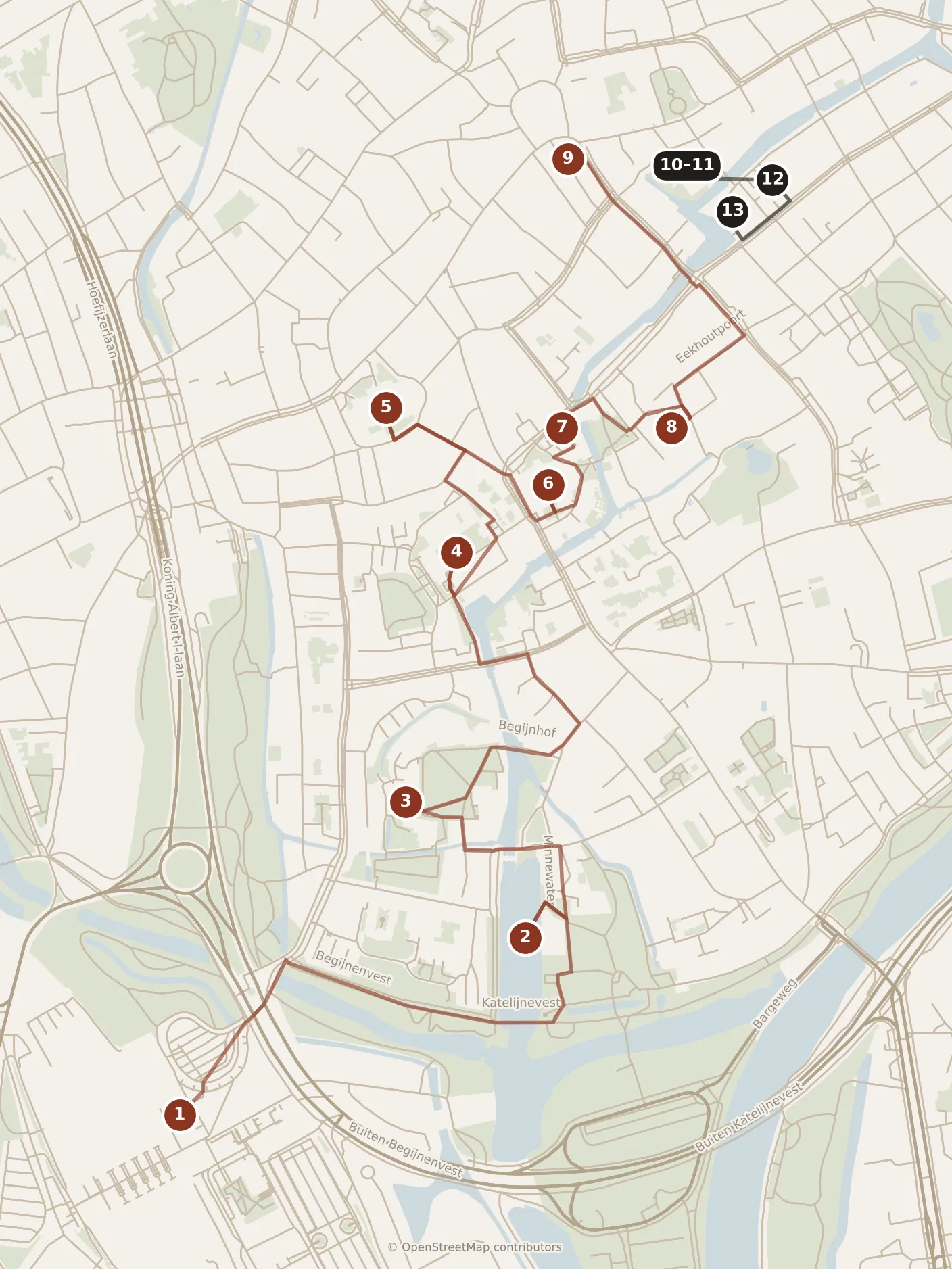 Map of Brugge, day one and day two: stops 1–13, numbered in walking order.