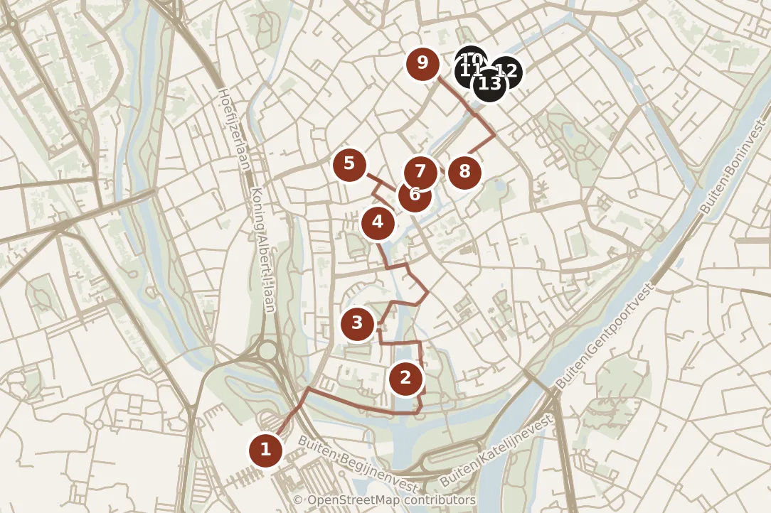 Map of Brugge, day one and day two: stops 1–13, numbered in walking order.