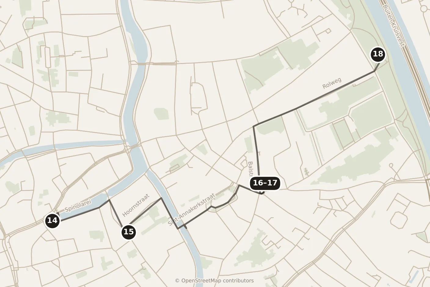 Map of Brugge, afternoon and evening: stops 14–18, numbered in walking order.