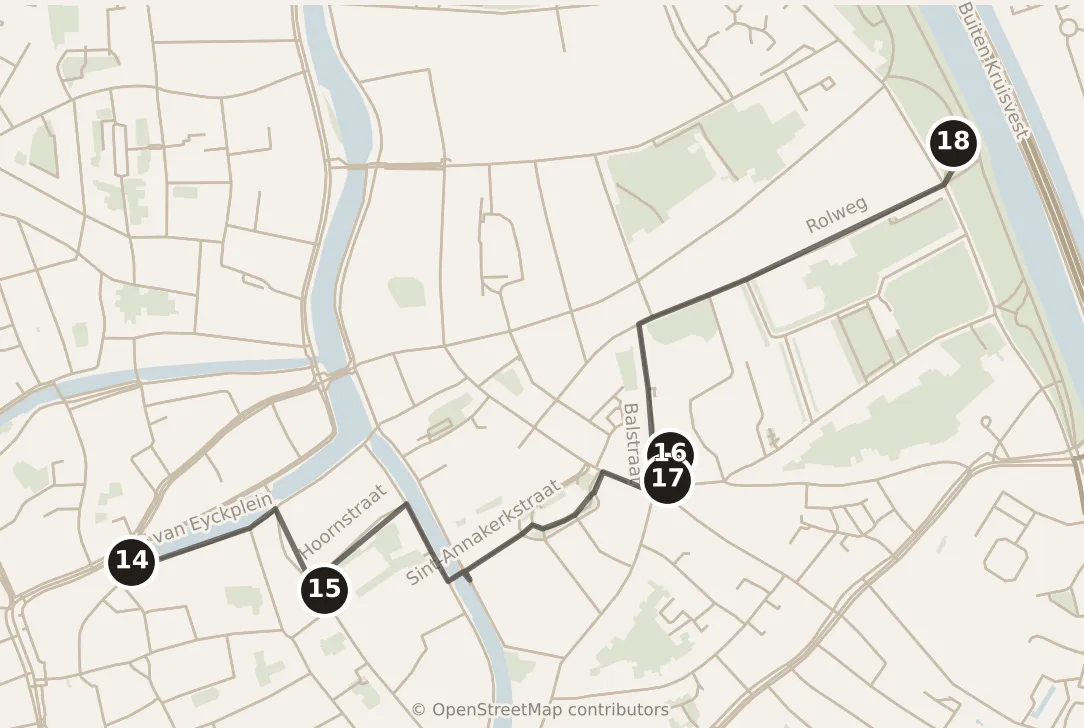 Map of Brugge, afternoon and evening: stops 14–18, numbered in walking order.