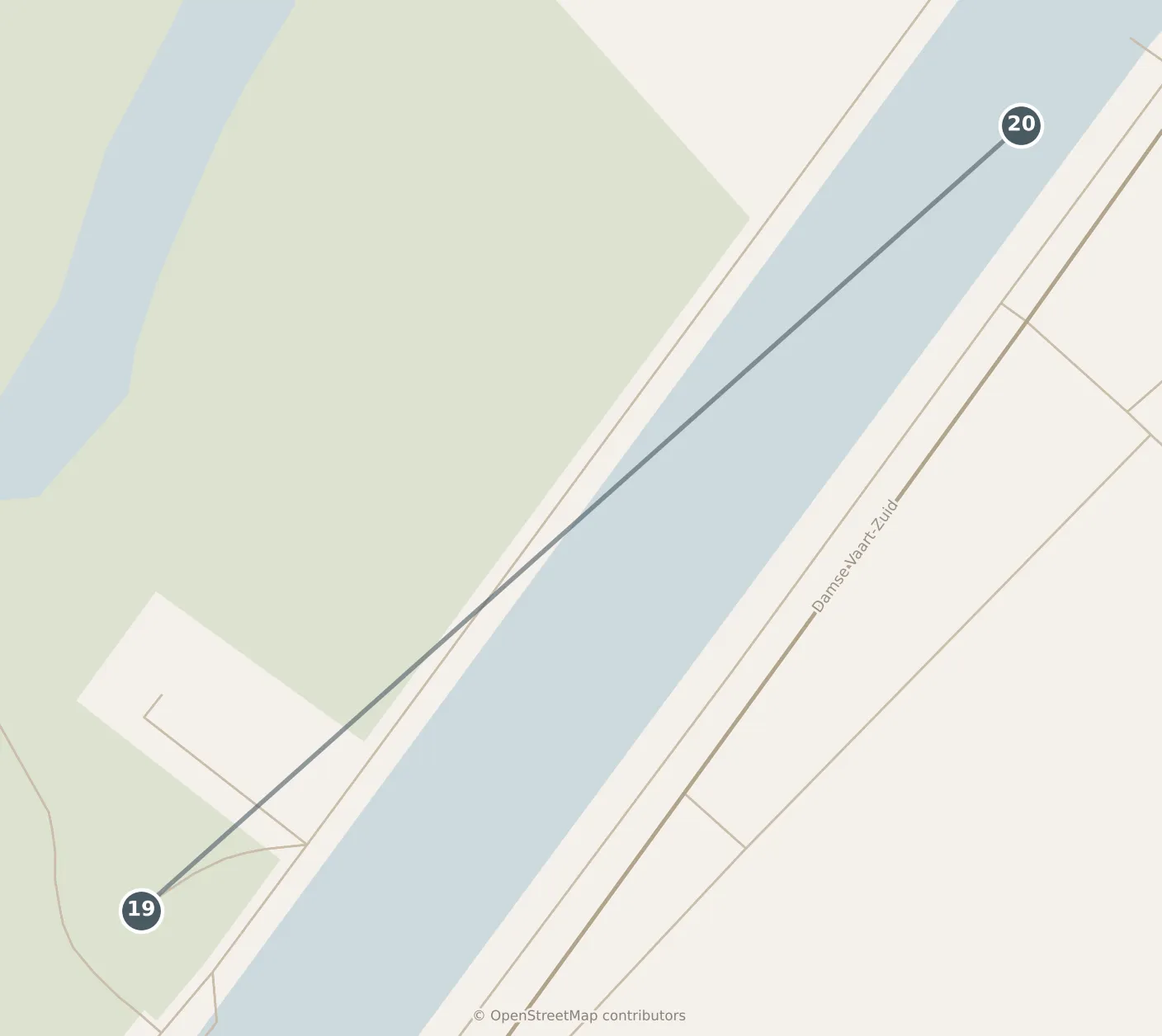 Map of Brugge, with a third day: stops 19–20, numbered in walking order.