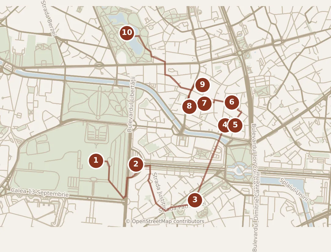 Map of Bucharest, morning and afternoon: stops 1–10, numbered in walking order.
