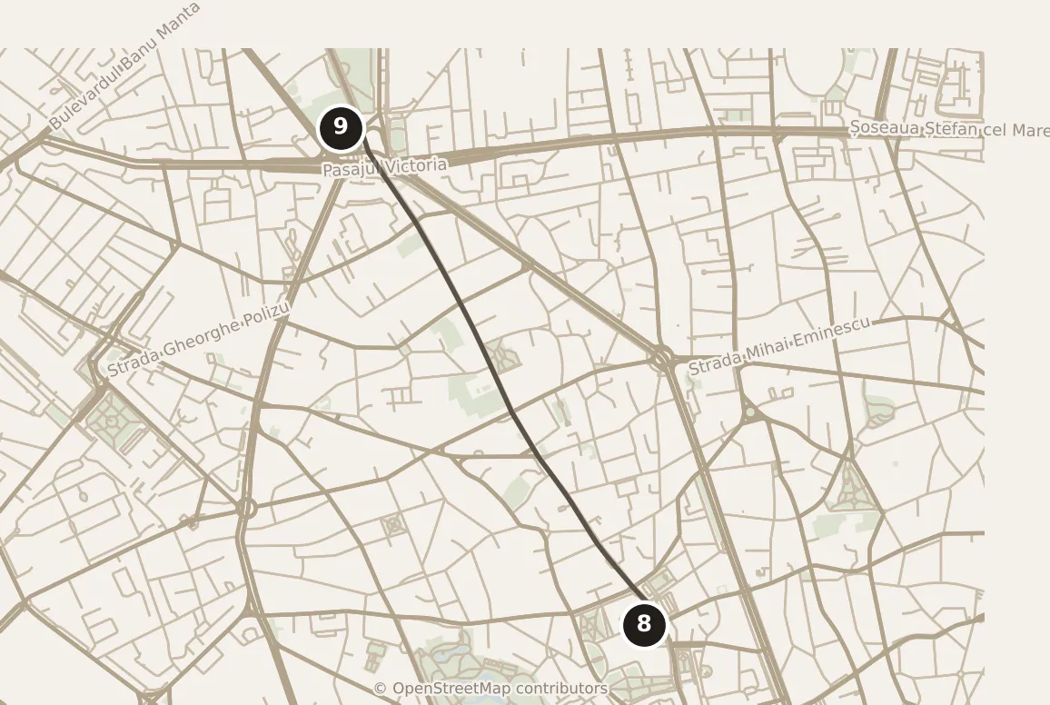 Map of Bucharest, morning: stops 8–9, numbered in walking order.