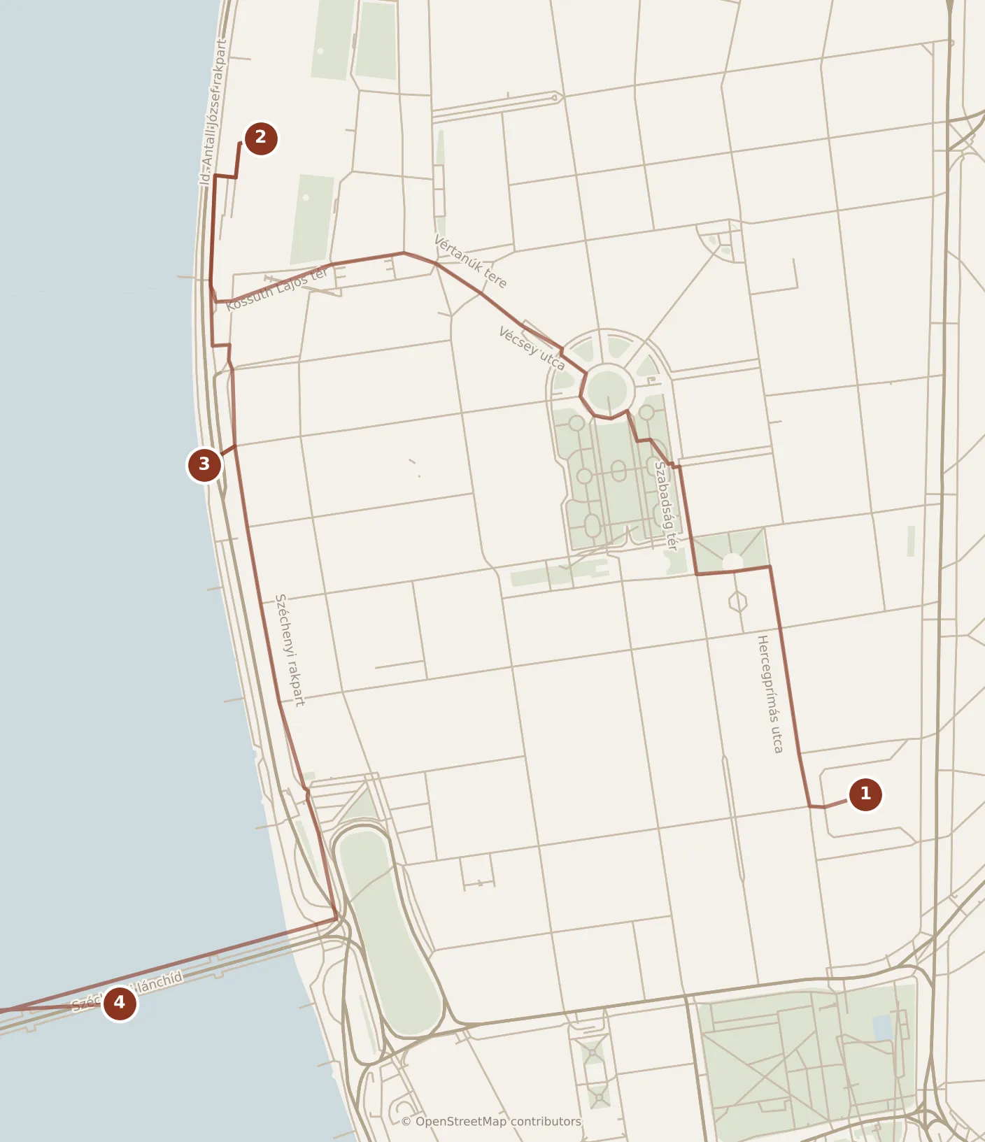 Map of Budapest, morning: stops 1–4, numbered in walking order.