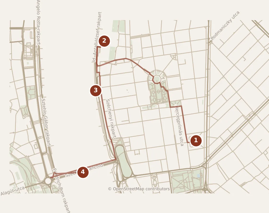 Map of Budapest, morning: stops 1–4, numbered in walking order.