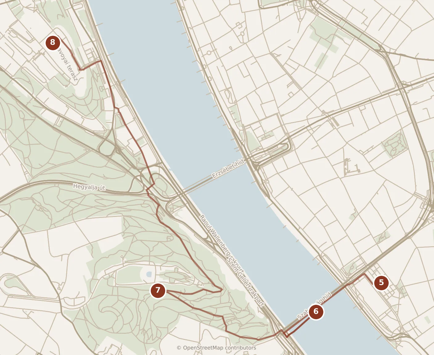 Map of Budapest, afternoon: stops 5–8, numbered in walking order.
