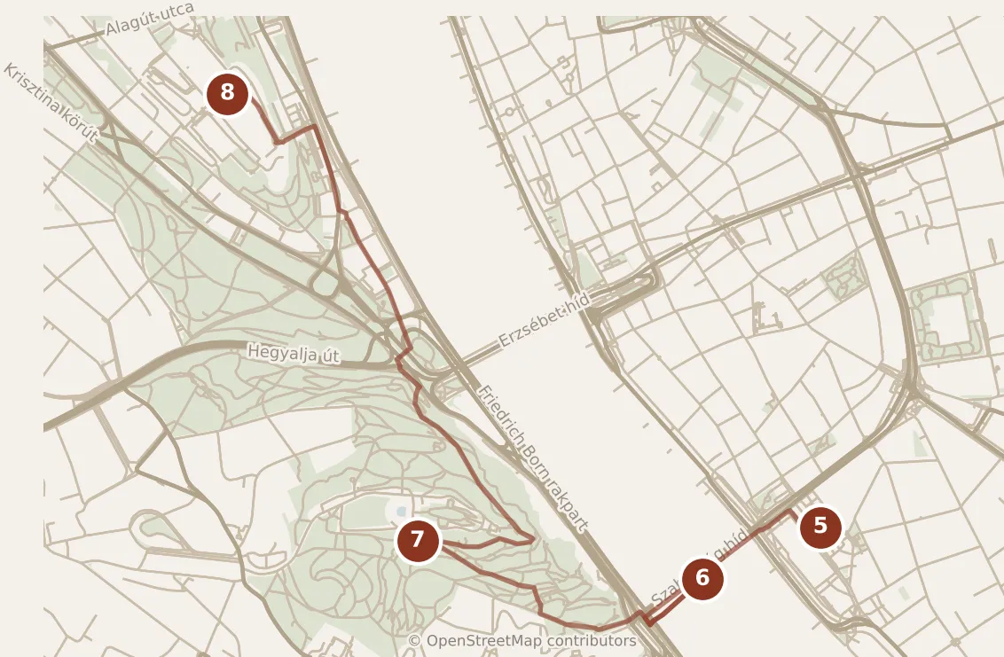 Map of Budapest, afternoon: stops 5–8, numbered in walking order.