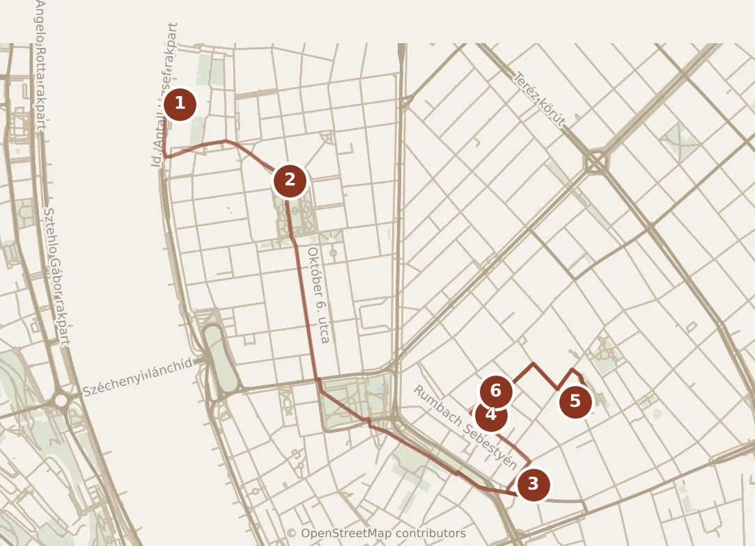 Map of Budapest, day one: stops 1–6, numbered in walking order.