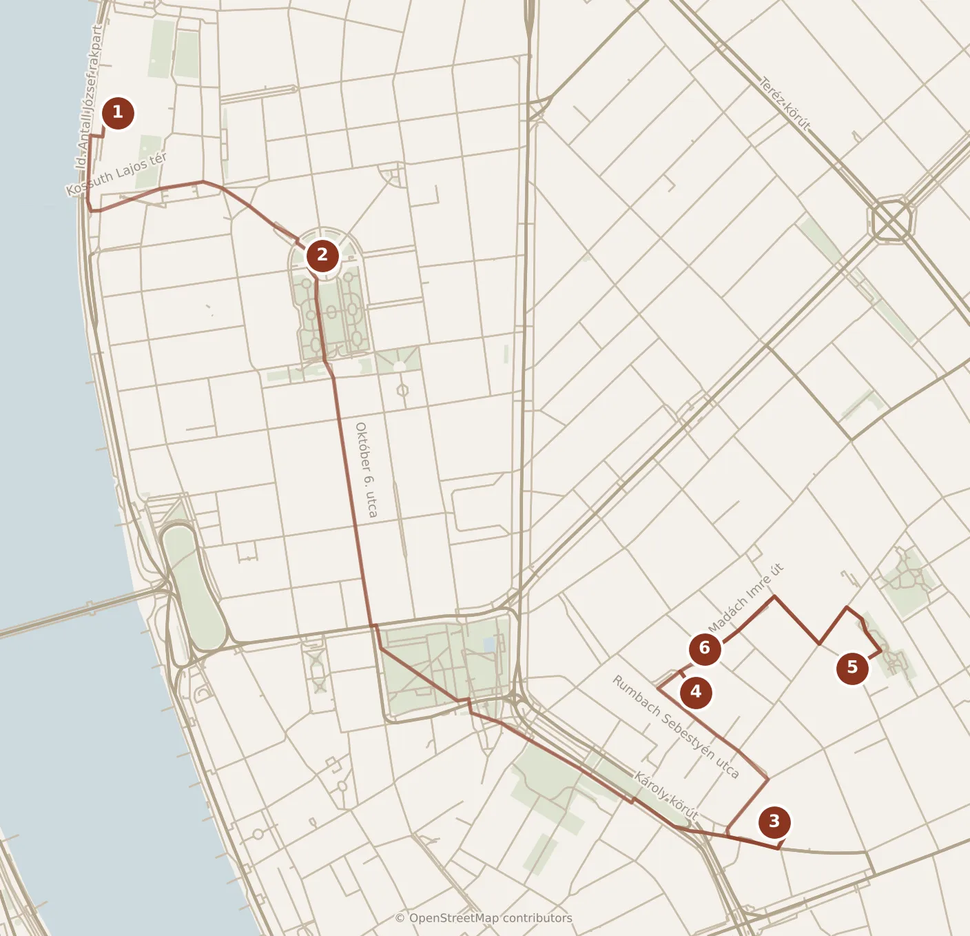 Map of Budapest, day one: stops 1–6, numbered in walking order.