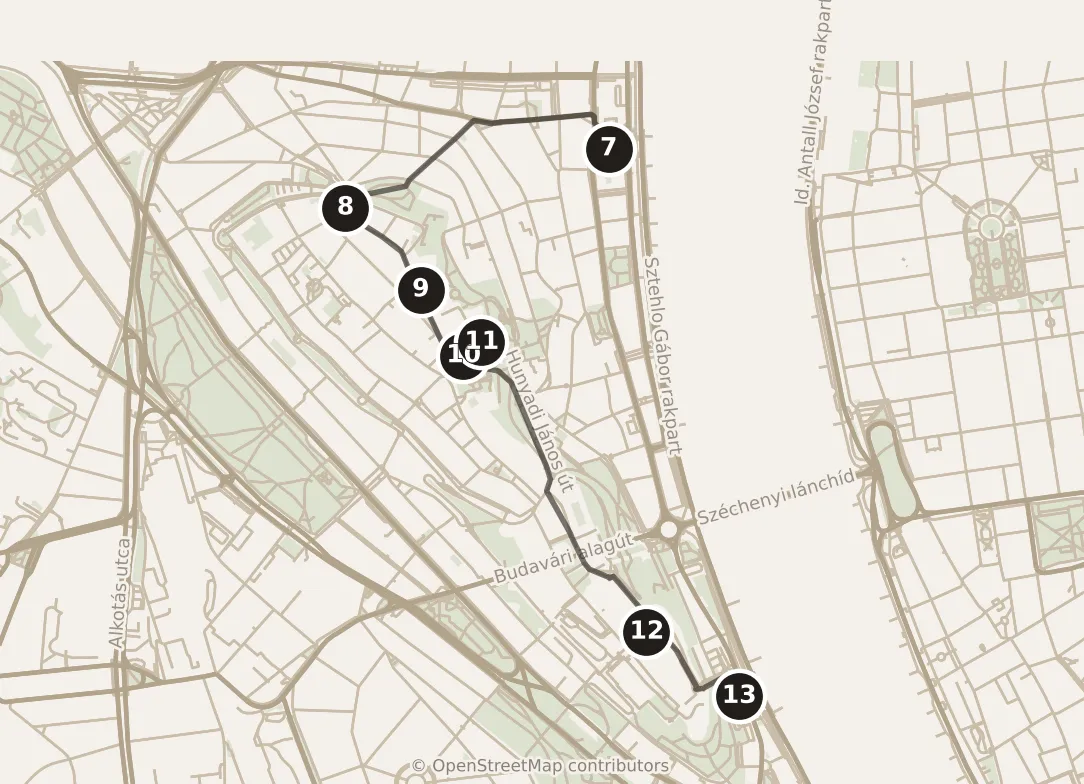 Map of Budapest, morning and afternoon: stops 7–13, numbered in walking order.
