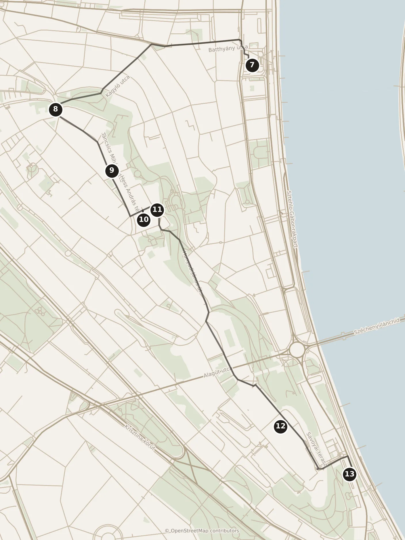 Map of Budapest, morning and afternoon: stops 7–13, numbered in walking order.