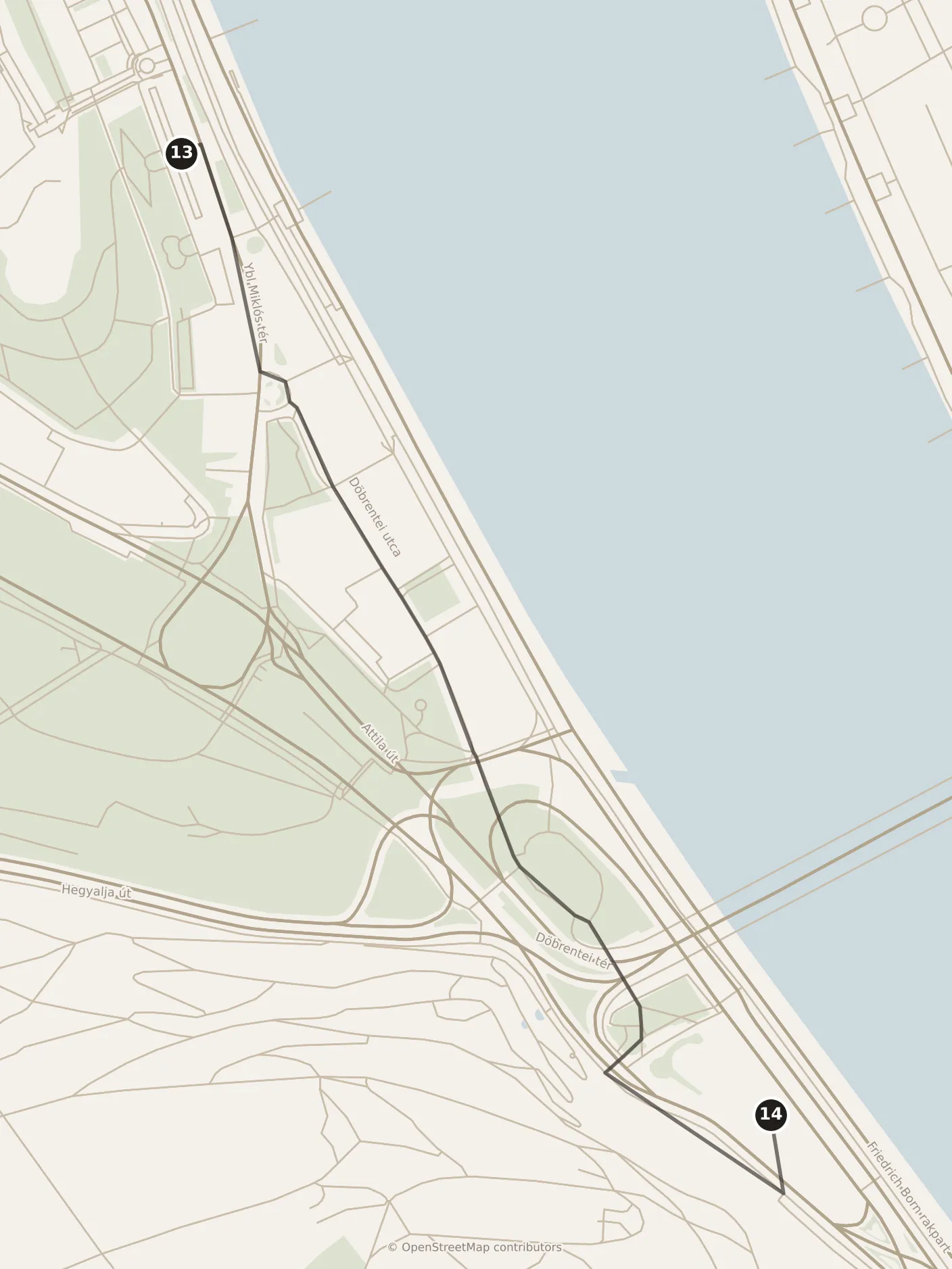 Map of Budapest, evening: stop 14, numbered in walking order.
