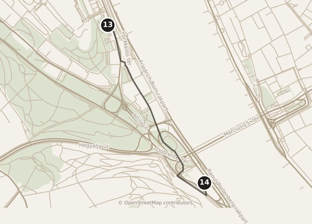 Map of Budapest, evening: stop 14, numbered in walking order.