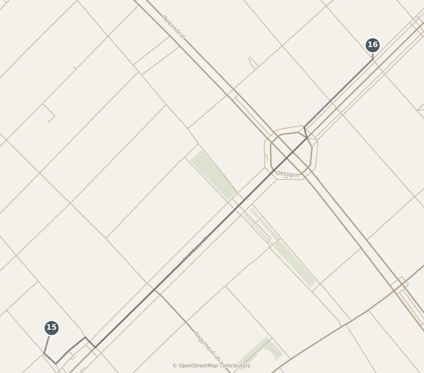 Map of Budapest, with a third day · stops 15–16: stops 15–16, numbered in walking order.