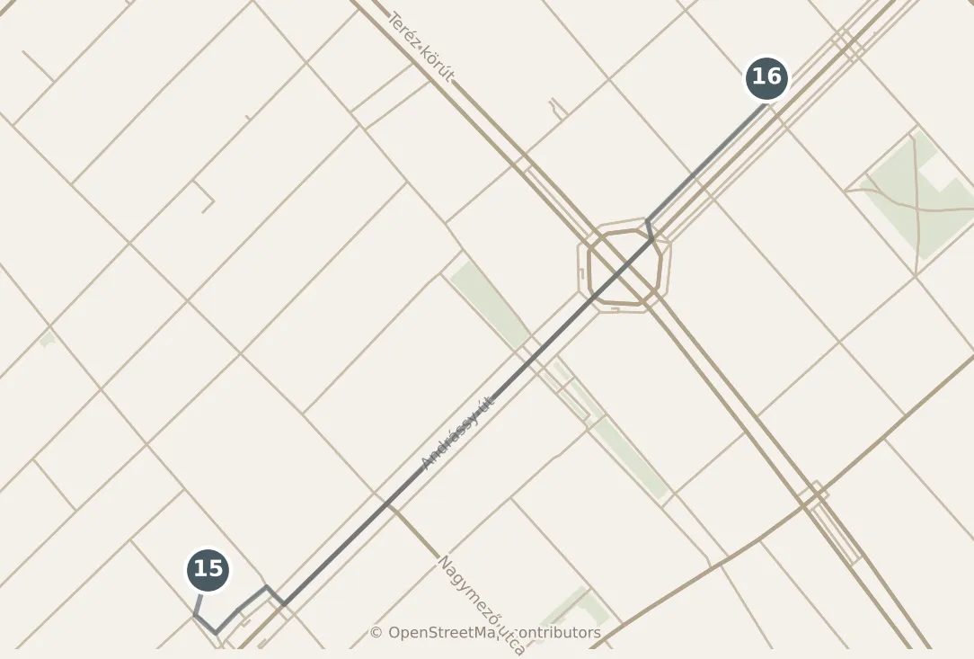 Map of Budapest, with a third day · stops 15–16: stops 15–16, numbered in walking order.