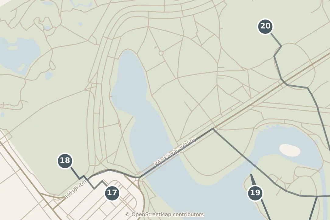 Map of Budapest, with a third day · stops 17–20: stops 17–20, numbered in walking order.