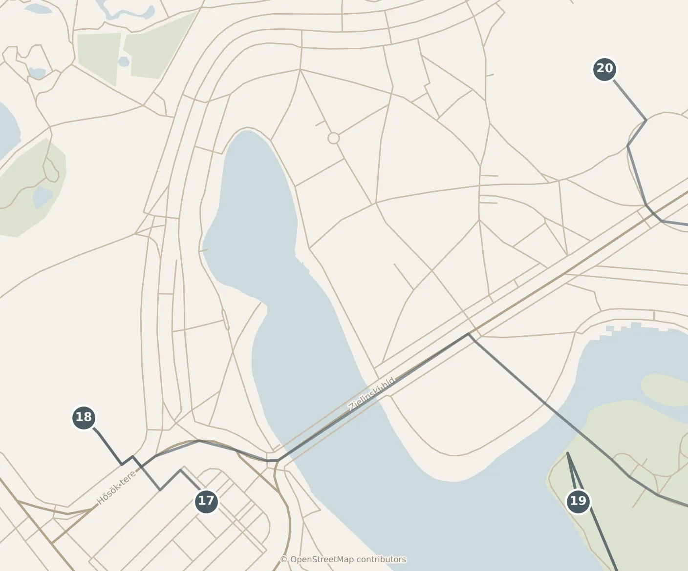 Map of Budapest, with a third day · stops 17–20: stops 17–20, numbered in walking order.