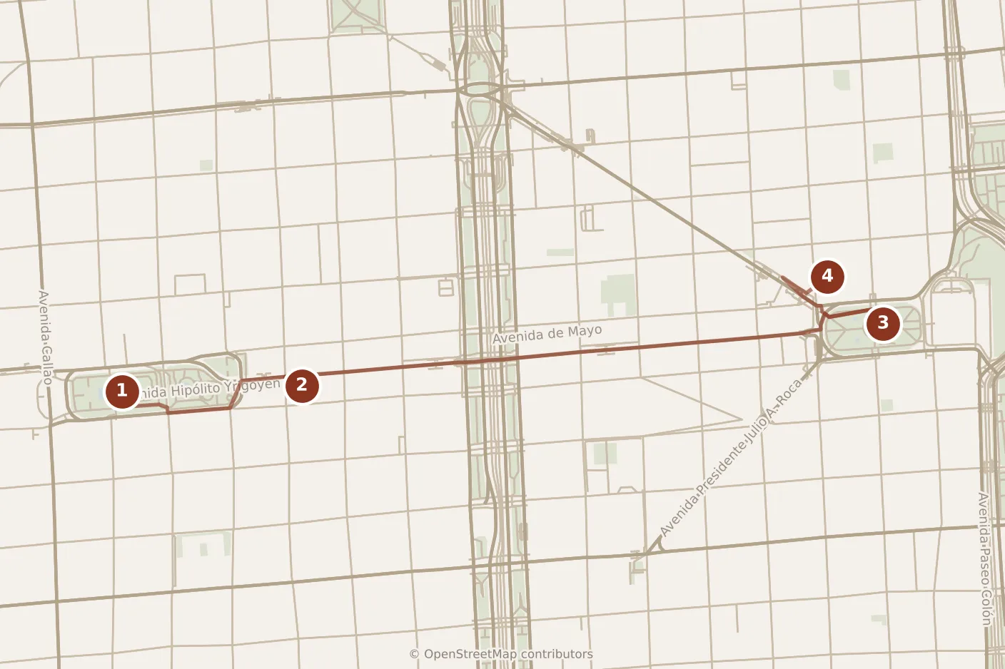 Map of Buenos Aires, morning: stops 1–4, numbered in walking order.