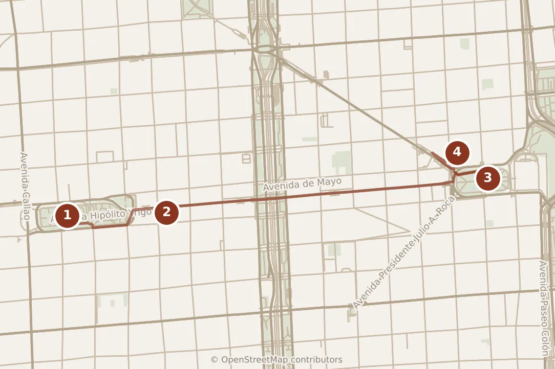 Map of Buenos Aires, morning: stops 1–4, numbered in walking order.