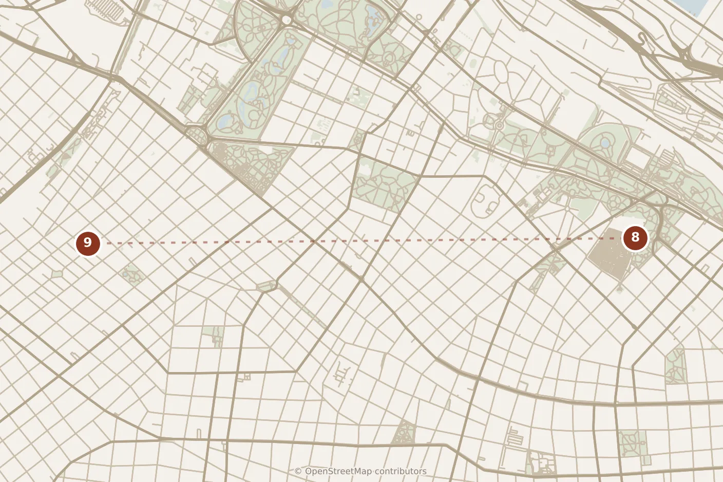 Map of Buenos Aires, evening: stop 9, numbered in walking order.