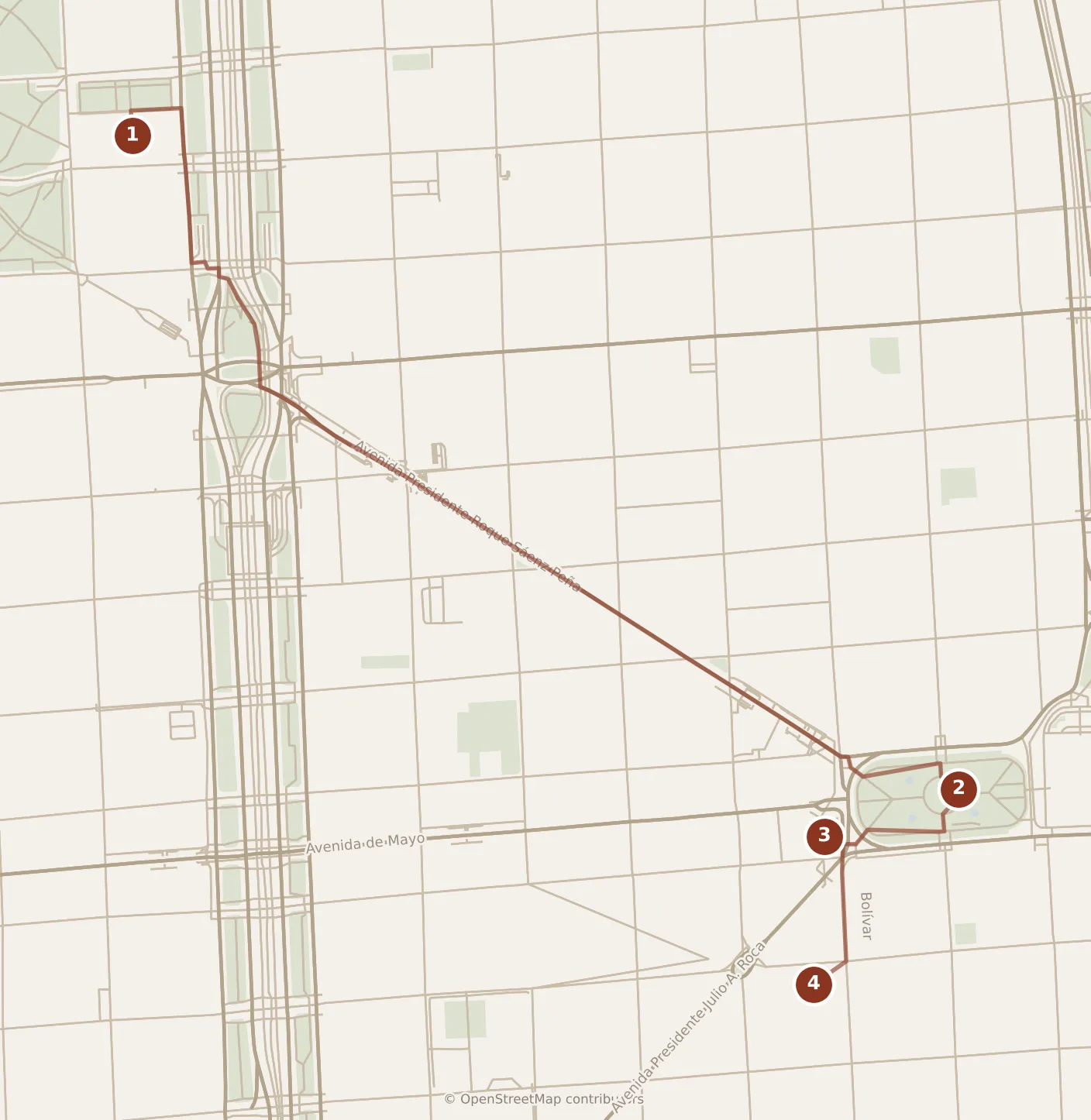 Map of Buenos Aires, morning: stops 1–4, numbered in walking order.