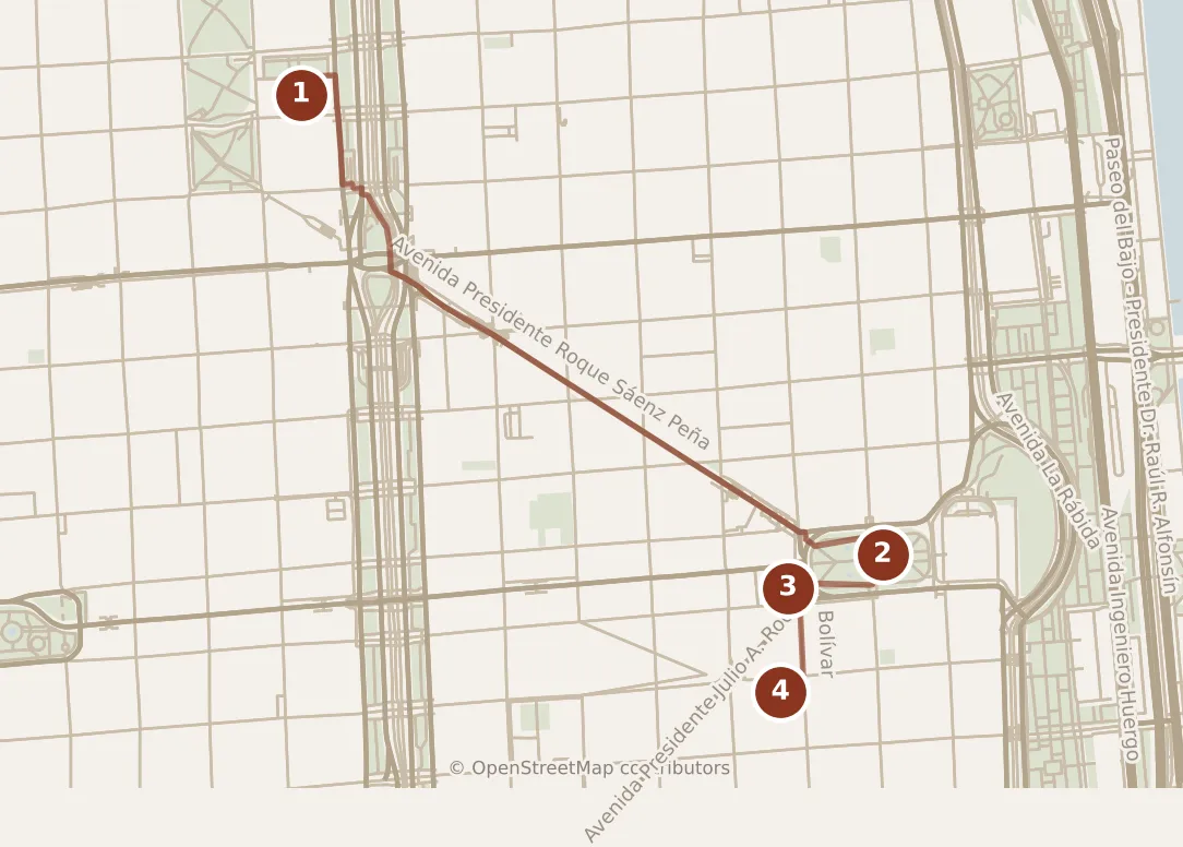 Map of Buenos Aires, morning: stops 1–4, numbered in walking order.