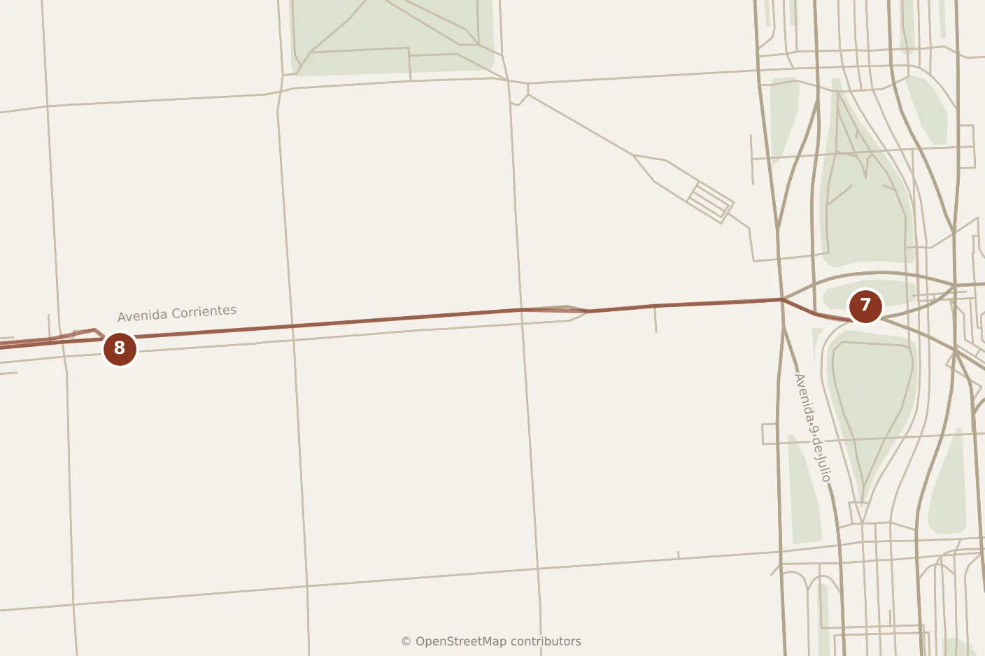 Map of Buenos Aires, evening: stops 7–8, numbered in walking order.
