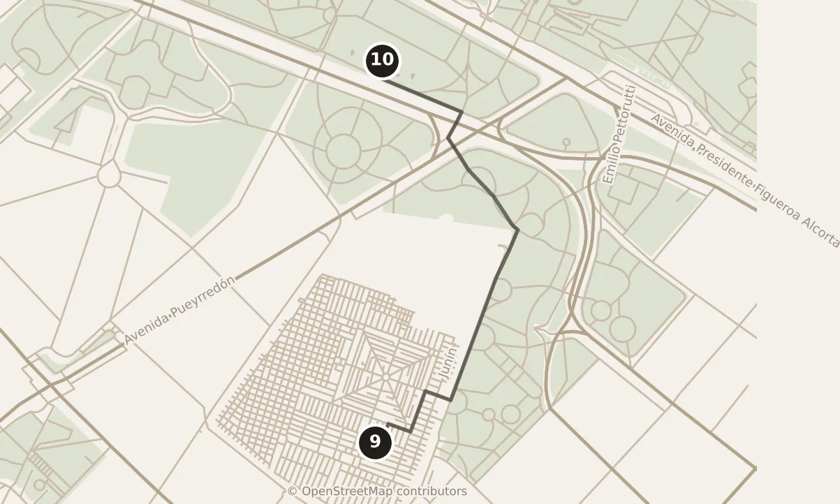 Map of Buenos Aires, morning: stops 9–10, numbered in walking order.