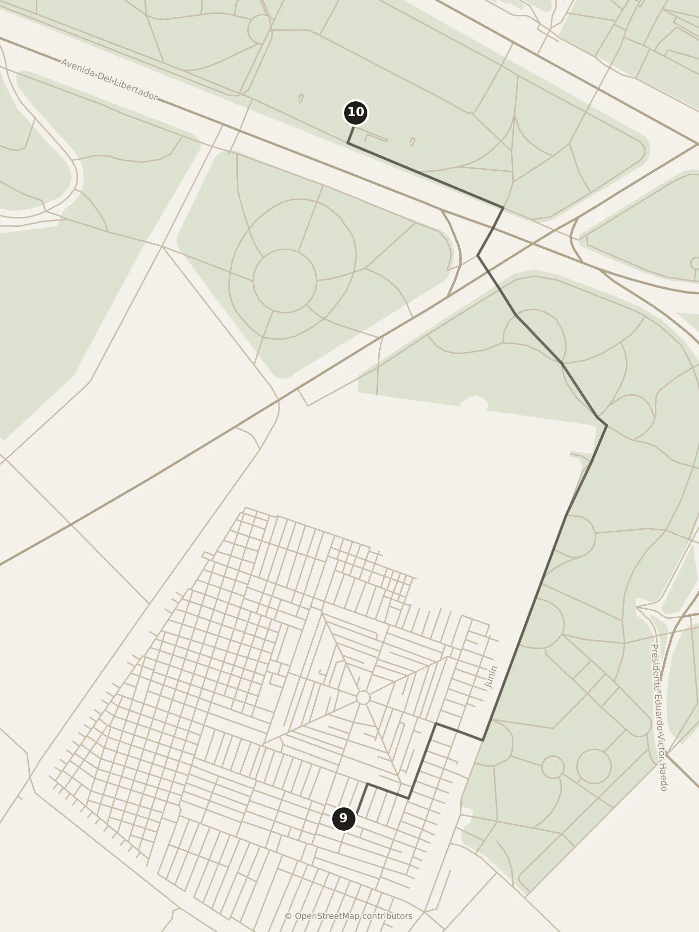 Map of Buenos Aires, morning: stops 9–10, numbered in walking order.