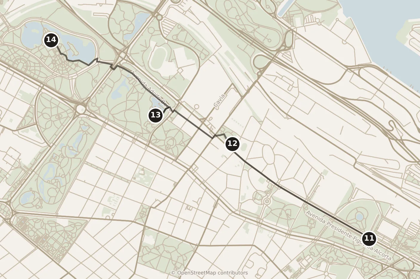 Map of Buenos Aires, afternoon: stops 11–14, numbered in walking order.