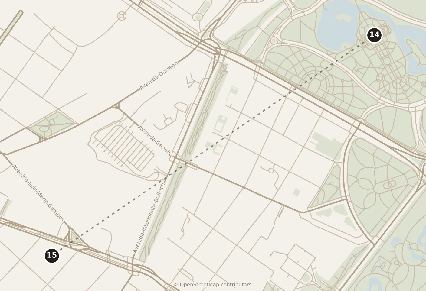 Map of Buenos Aires, evening: stop 15, numbered in walking order.