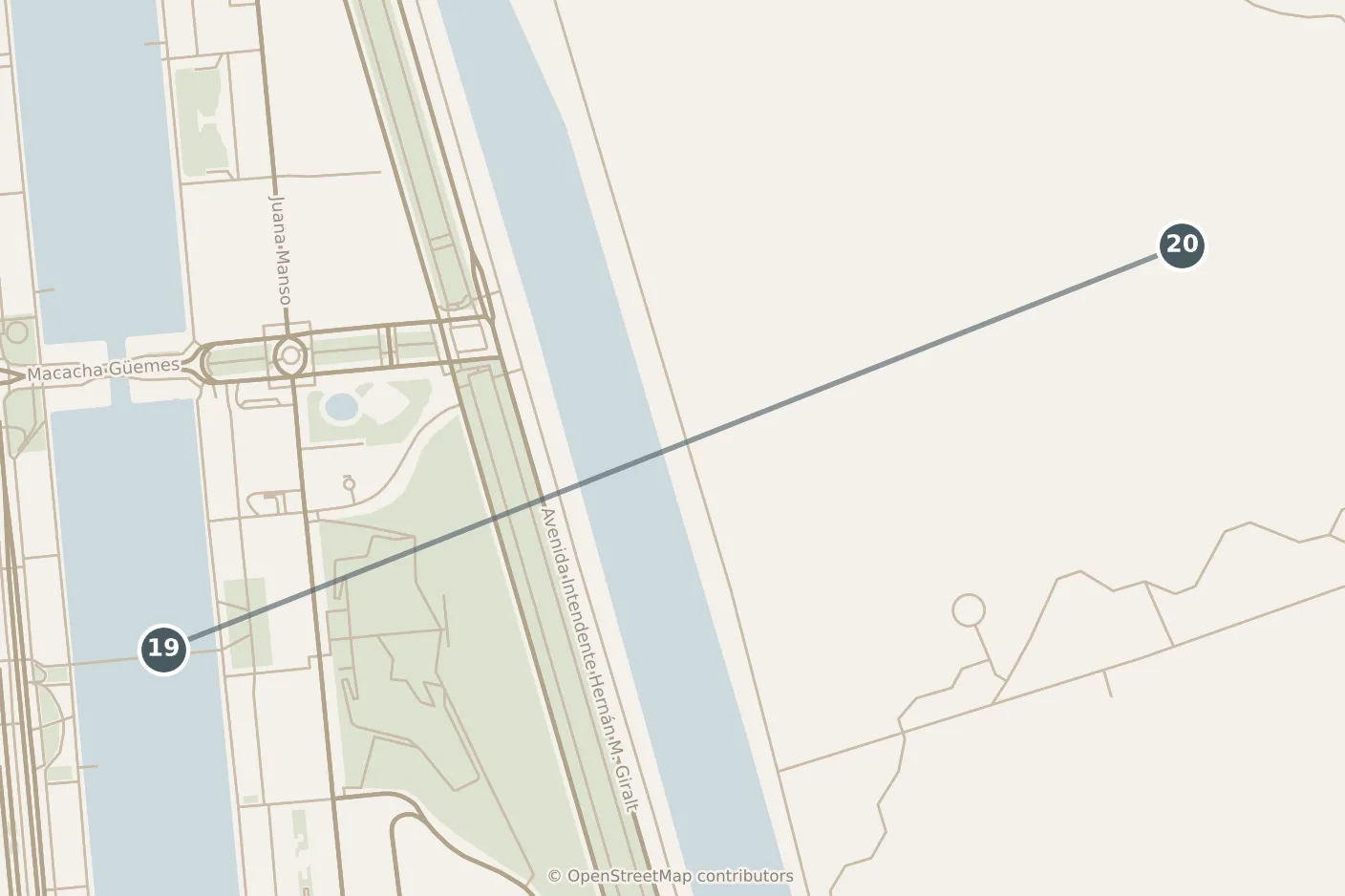 Map of Buenos Aires, with a third day · stops 19–20: stops 19–20, numbered in walking order.