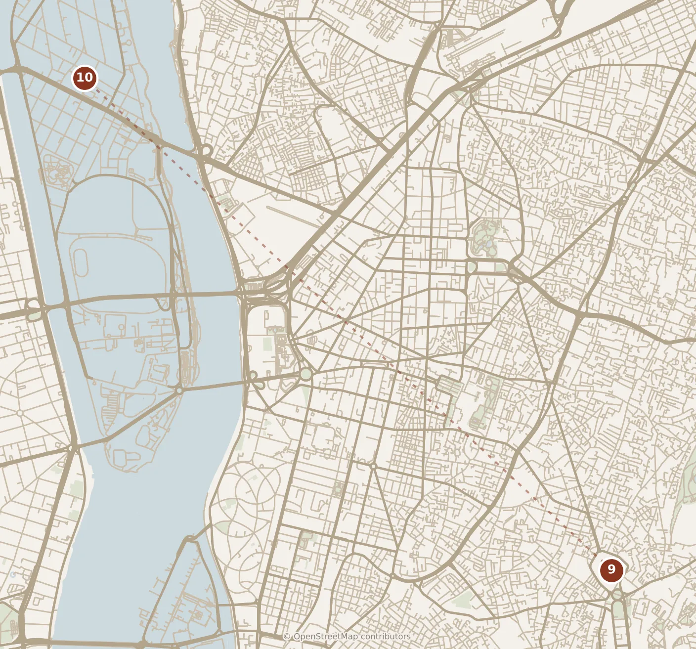 Map of Cairo, evening: stop 10, numbered in walking order.