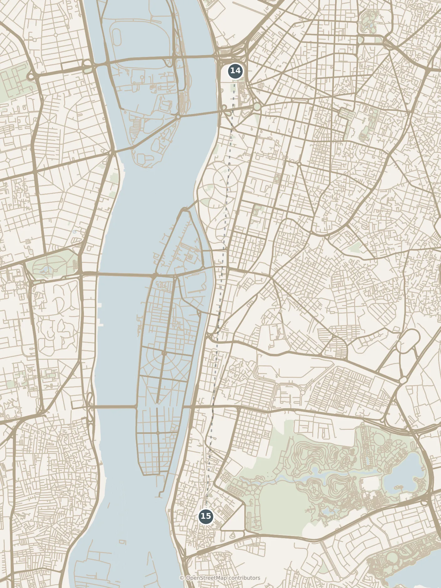 Map of Cairo, with a third day · stop 14: stop 14, numbered in walking order.