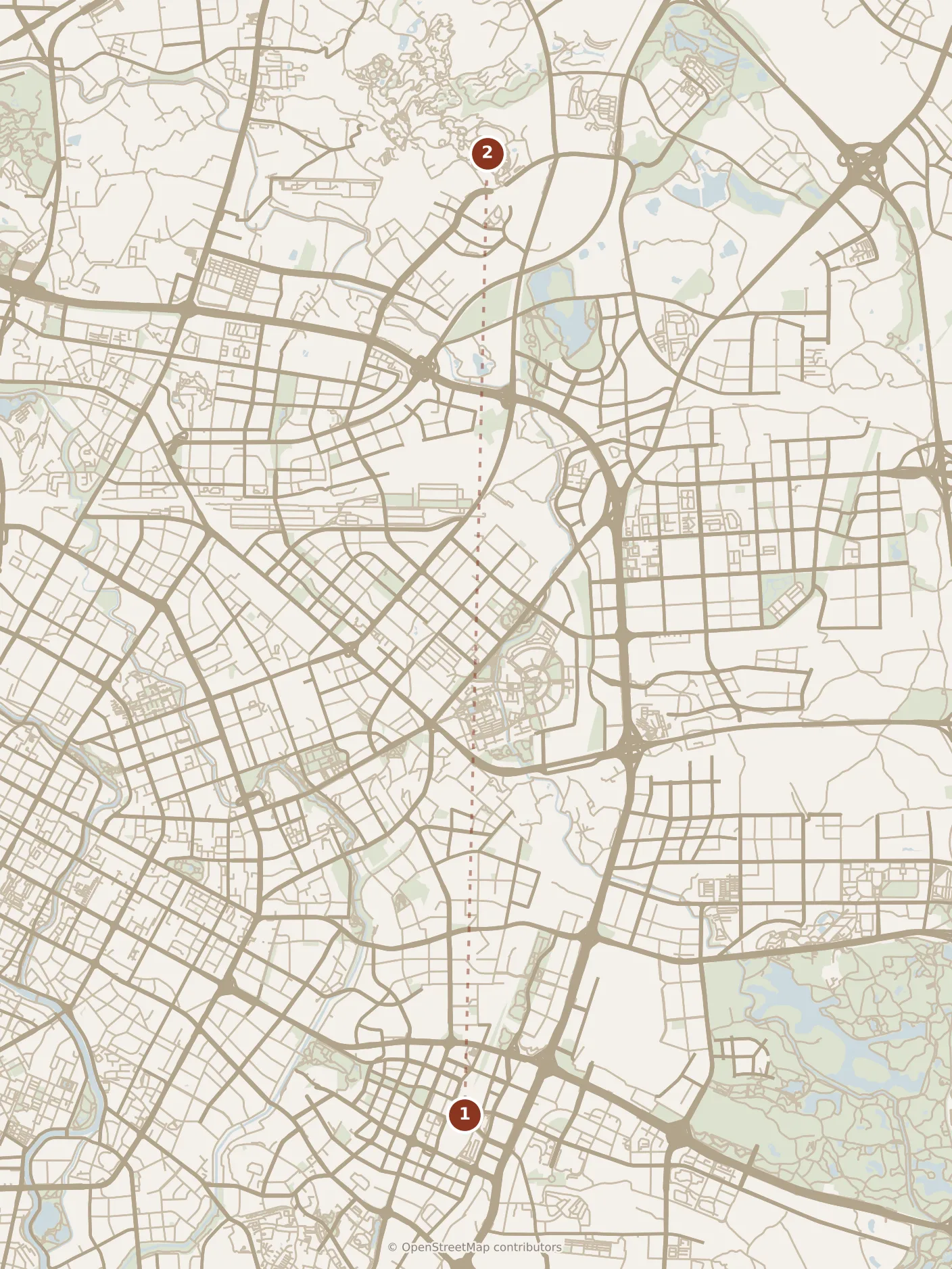 Map of Chengdu, morning: stops 1–2, numbered in walking order.