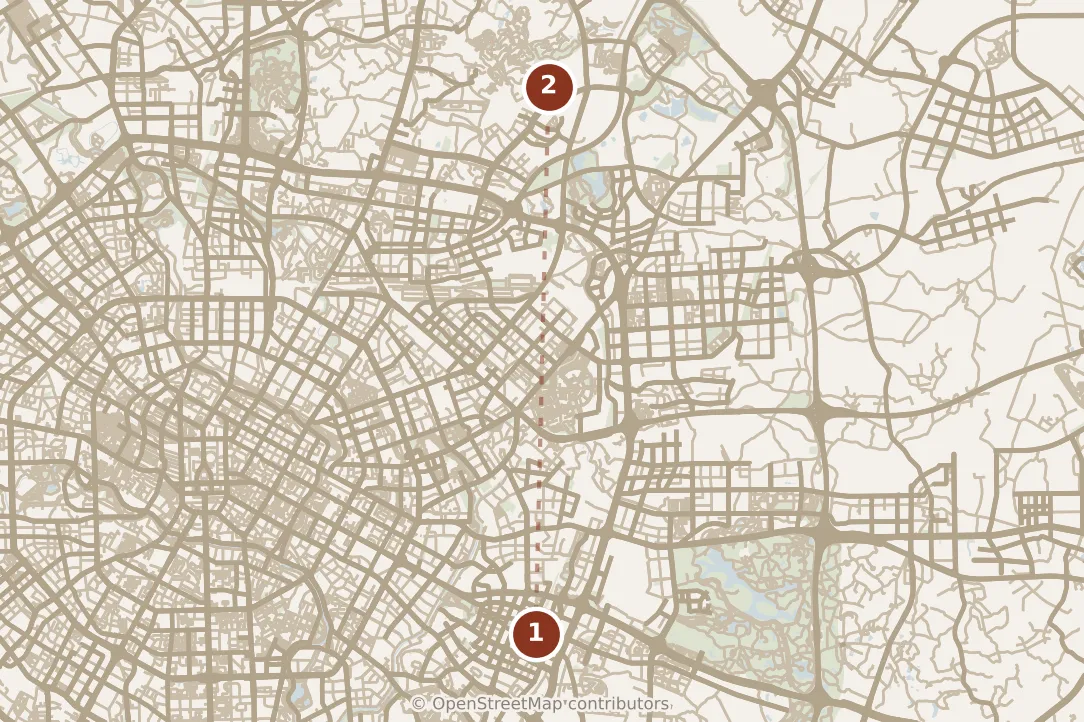 Map of Chengdu, morning: stops 1–2, numbered in walking order.