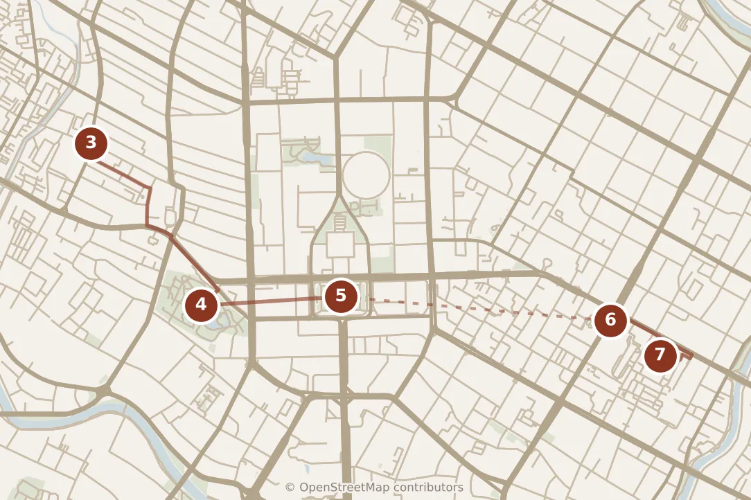 Map of Chengdu, afternoon: stops 3–7, numbered in walking order.