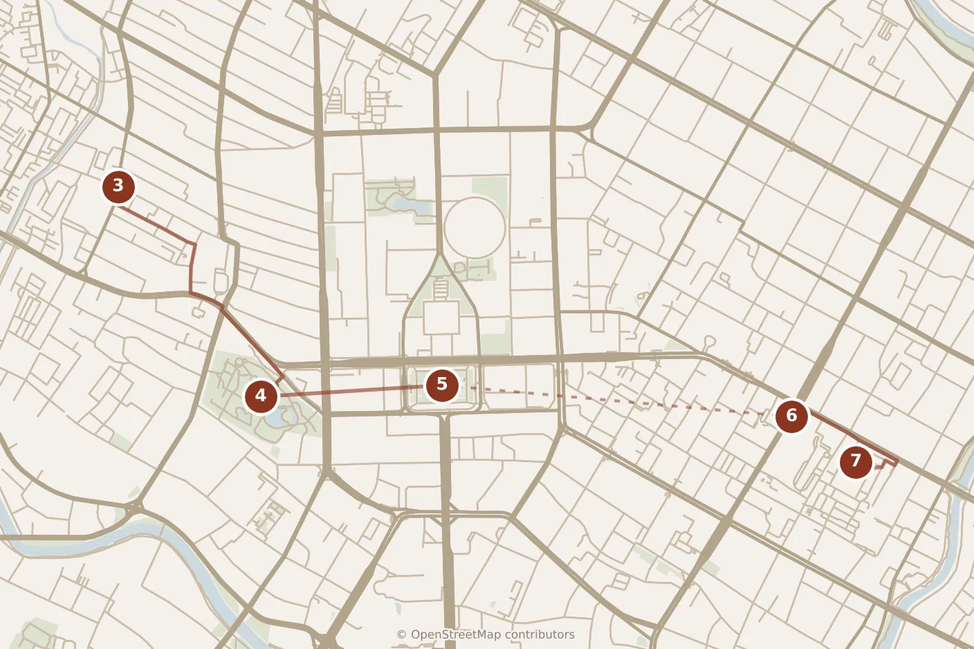 Map of Chengdu, afternoon: stops 3–7, numbered in walking order.