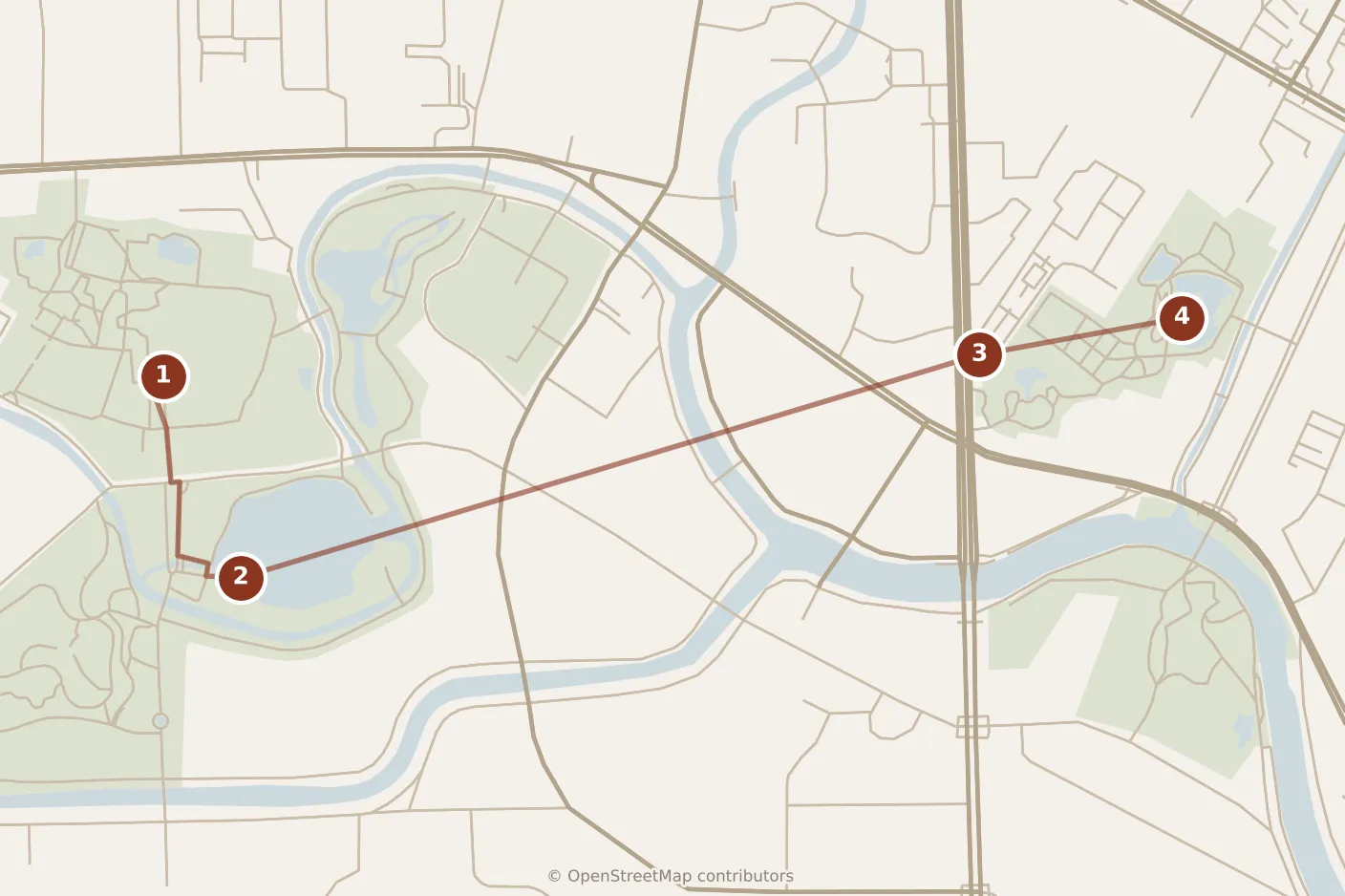 Map of Chengdu, day one: stops 1–4, numbered in walking order.