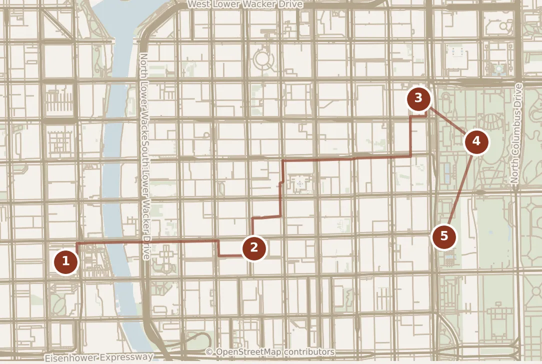 Map of Chicago, morning: stops 1–5, numbered in walking order.