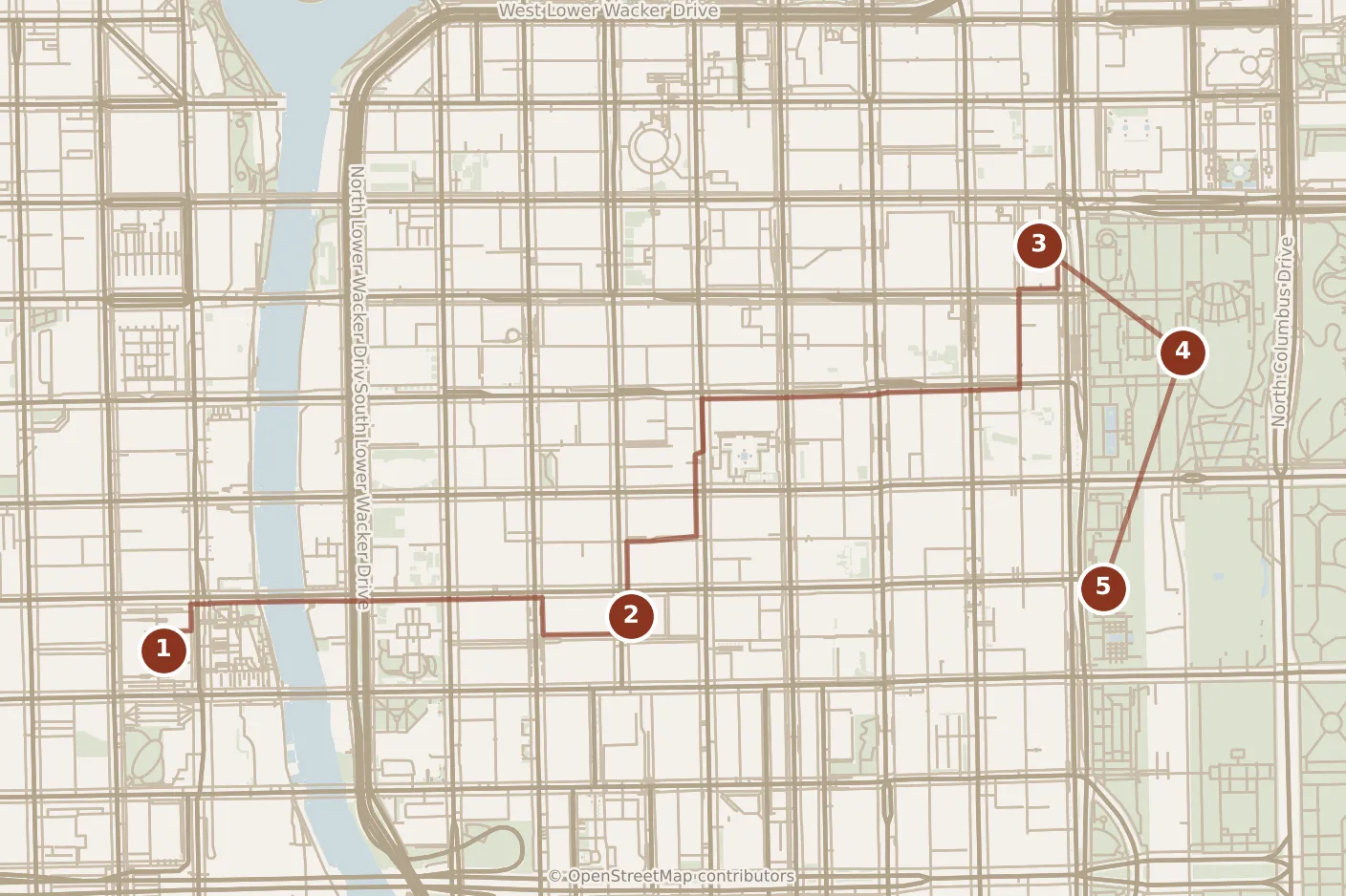 Map of Chicago, morning: stops 1–5, numbered in walking order.