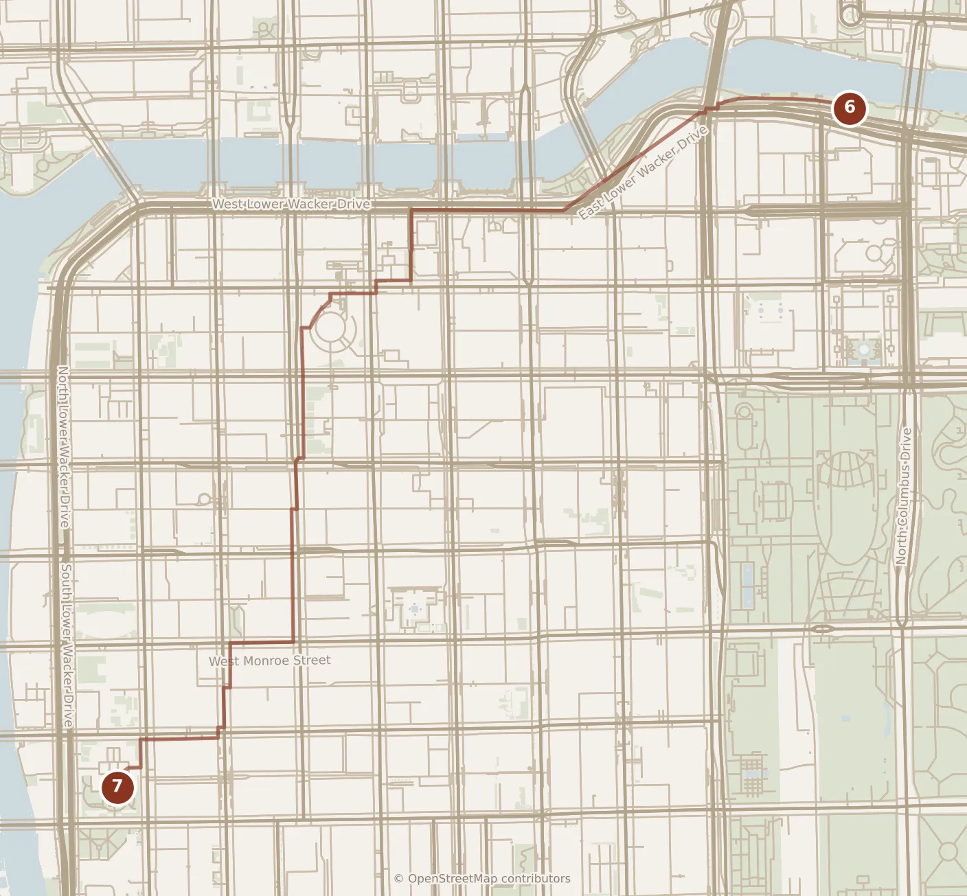 Map of Chicago, afternoon and evening: stops 6–7, numbered in walking order.