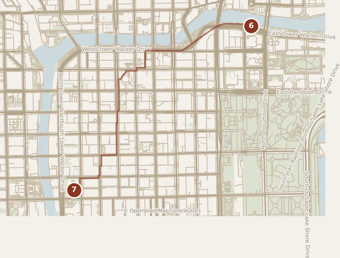 Map of Chicago, afternoon and evening: stops 6–7, numbered in walking order.