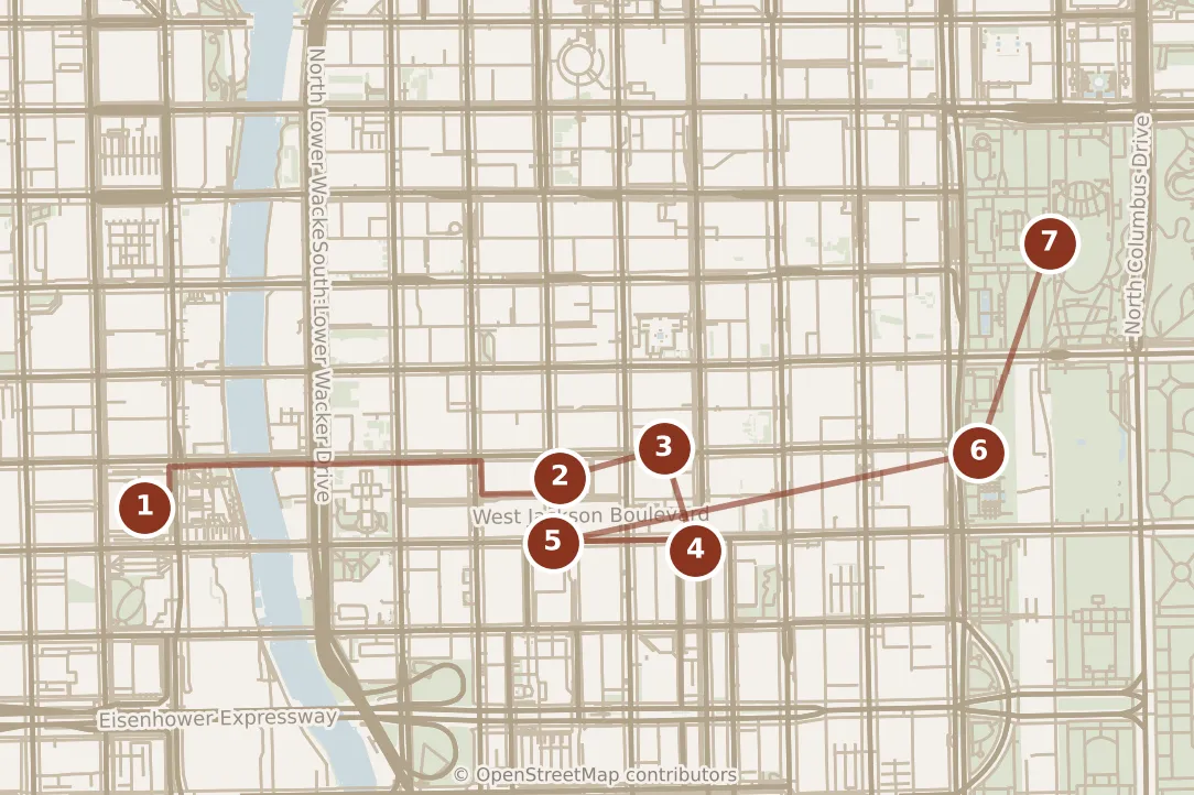 Map of Chicago, morning and afternoon: stops 1–7, numbered in walking order.