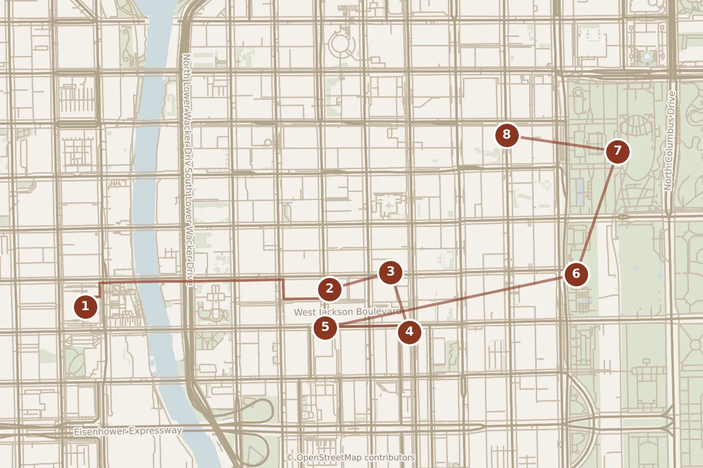 Map of Chicago, day one: stops 1–8, numbered in walking order.